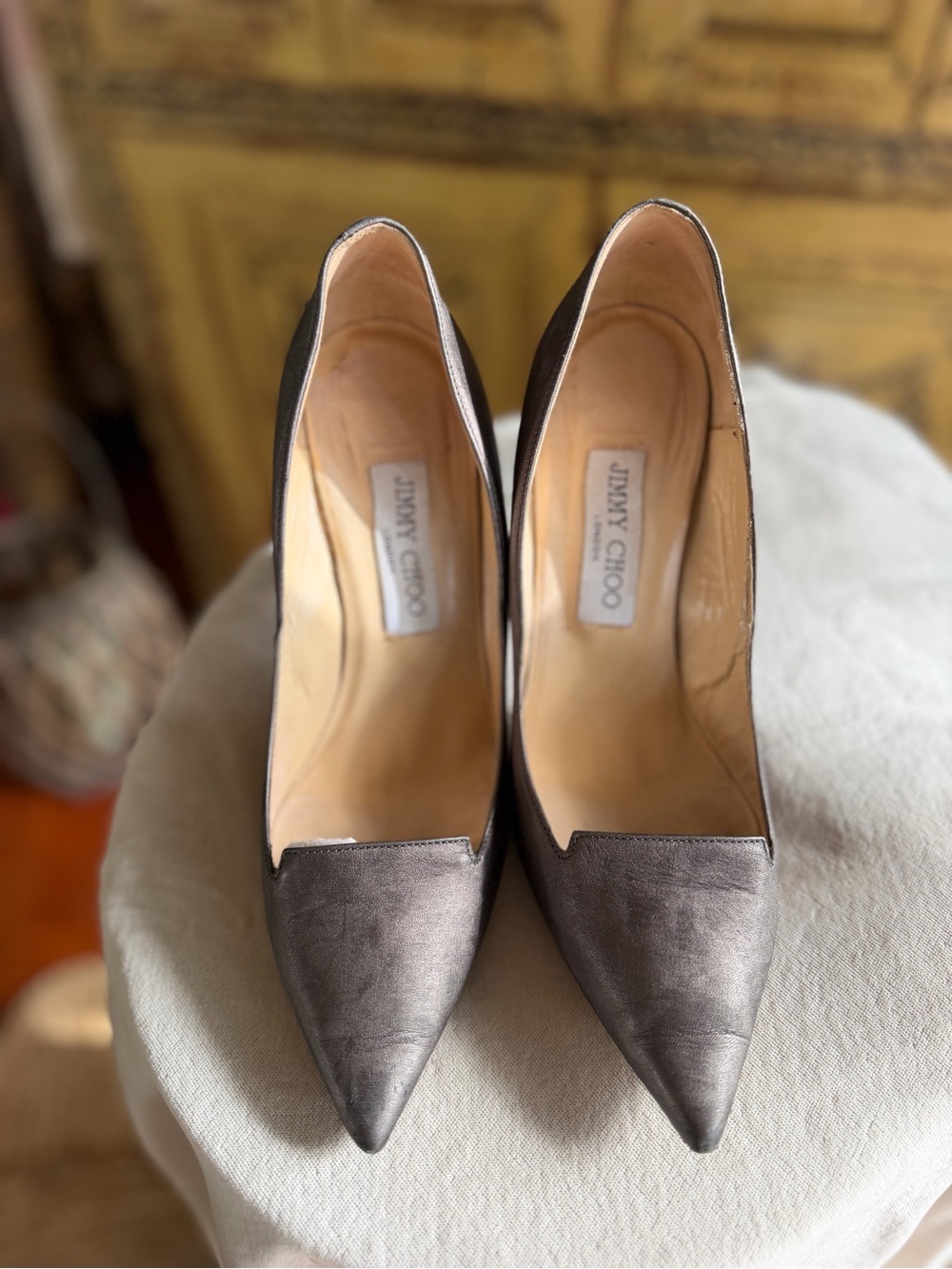 Jimmy Choo Pewter Pointed-Toe Suede Pumps